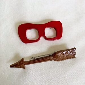 Vintage Plastic Brooches, Pins, Red Glasses, Brown Arrow